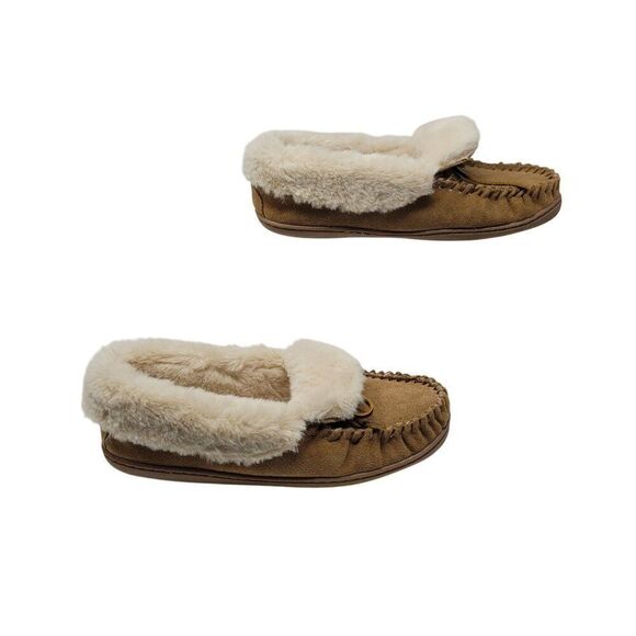 Minnetonka Womens Tan Suede Moccasin Slippers Sherpa Faux Fur Lining Sz 9 - Picture 7 of 10